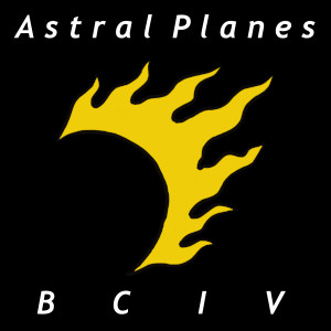 Astral Planes Logo: Golden sun and moon eclipsed at half-cresent with seven sun ray flames along the edge. The background is black.