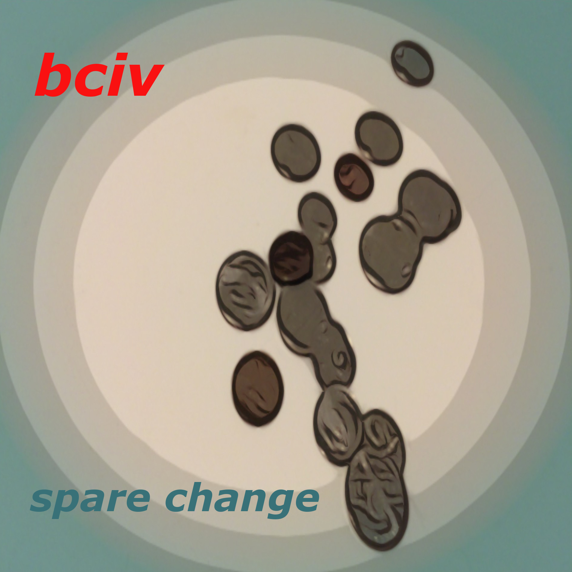 Album cover for Spare Change album. Cartoonized silver coins lay on a turquoise background.
