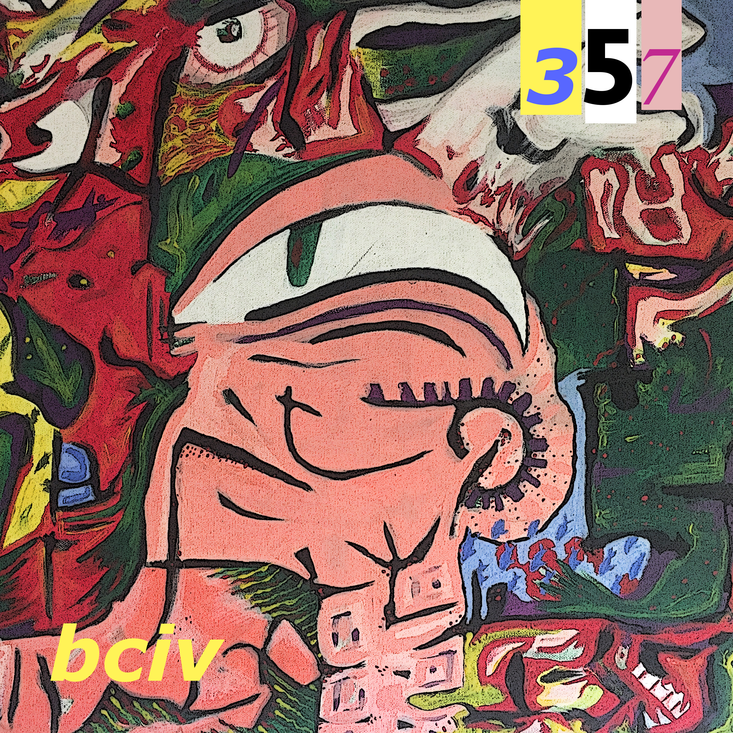 357 album cover. Brash painting showing a central figure surrounded by various stimuli.