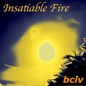 Insatiable Fire album cover. A dark blue sky with a firey golden sun