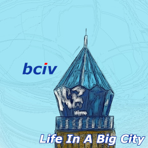 Life In A Big City album cover. A painting of the crystal shaped top of a building in Kyiv