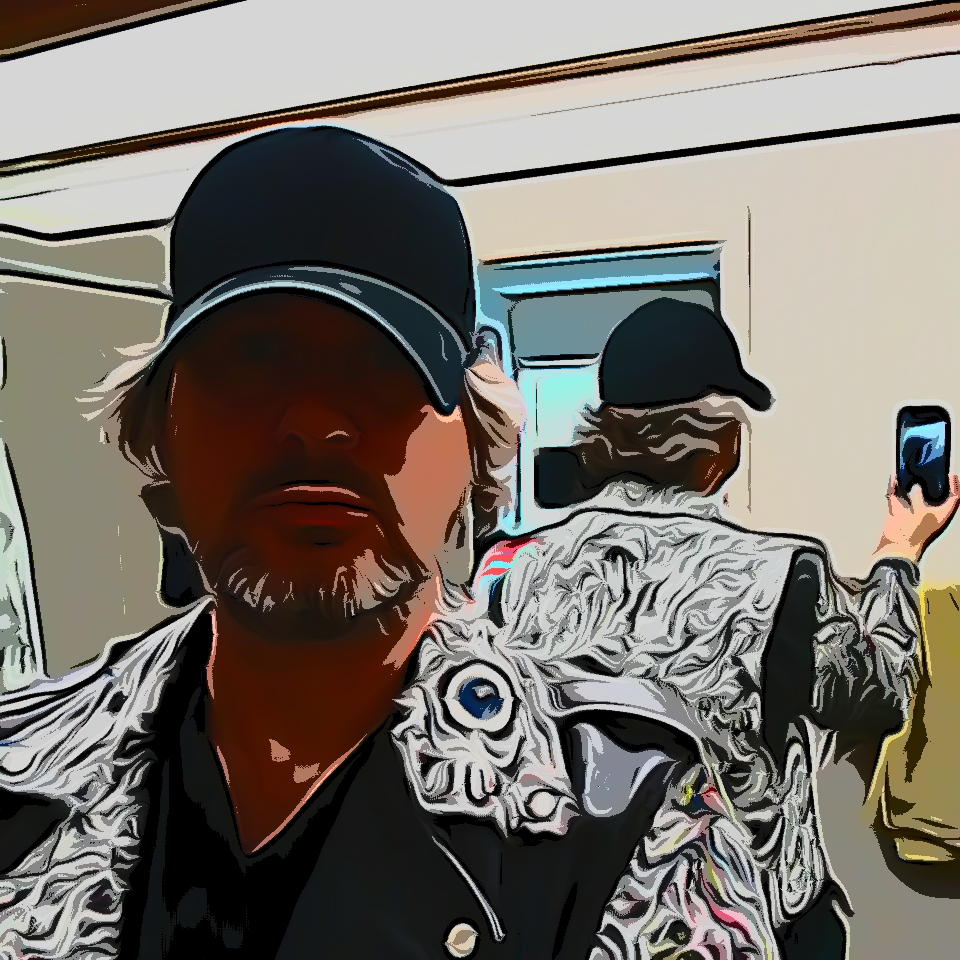 This is a picture of Bciv wearing a painted black and white leather jacket with a black hat with a reflection behind.